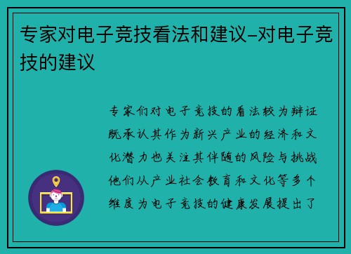 专家对电子竞技看法和建议-对电子竞技的建议