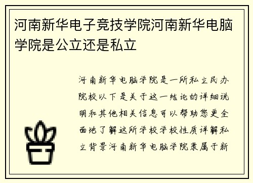 河南新华电子竞技学院河南新华电脑学院是公立还是私立